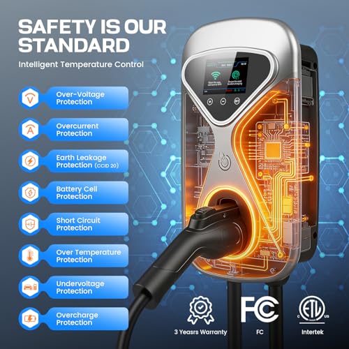 Image of Level 2 EV Charger 50 Amp Hardwired, 48 Miles Range /Hour Smart Electric Vehicle Charging Station with WiFi App, 25ft Cable, RFID & LCD Display, J1772 & Tesla Adapter, 120V Indoor /Outdoor(Silver)
