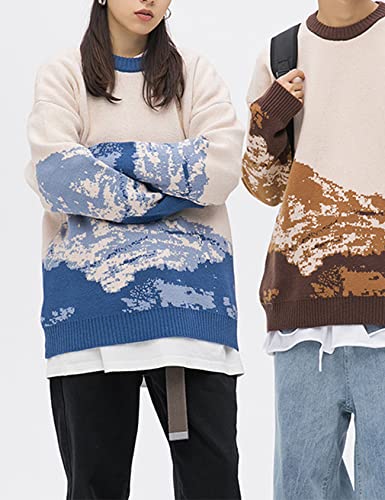 Yimoon Men's Cow Graphic Sweaters Oversize Cable Knitted Pullover Jumper(Blue-S) #TOP4