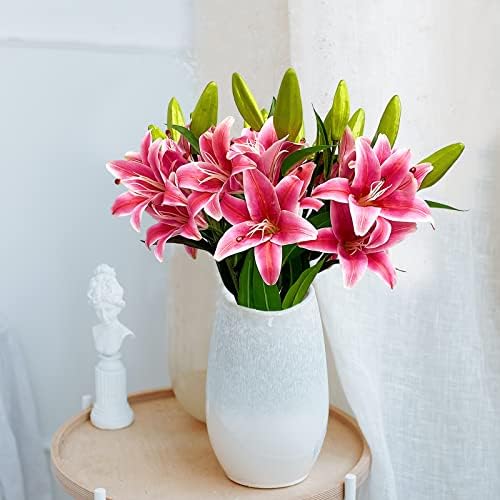 JINWOE 2Pcs 28inches Red Artificial Flowers Lily, Latex Real Touch Stargazer Lily Fake Long Stem Silk Flower for Tall Vase Christmas Home Decor Wedding Party Table Centerpieces
