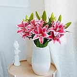 JINWOE 2Pcs 28inches Red Artificial Flowers Lily, Latex Real Touch Stargazer Lily Fake Long Stem Sil