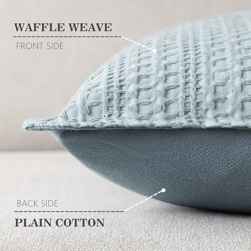 Image of Foindtower Set of 2 Decorative Cotton Waffle Weave Lumbar Throw Pillow Cover Euro Sham Cushion Covers Accent European Pillowcase For Bed Couch Sofa Bedroom Living Room Home Decor 12x20 Inch Light Blue