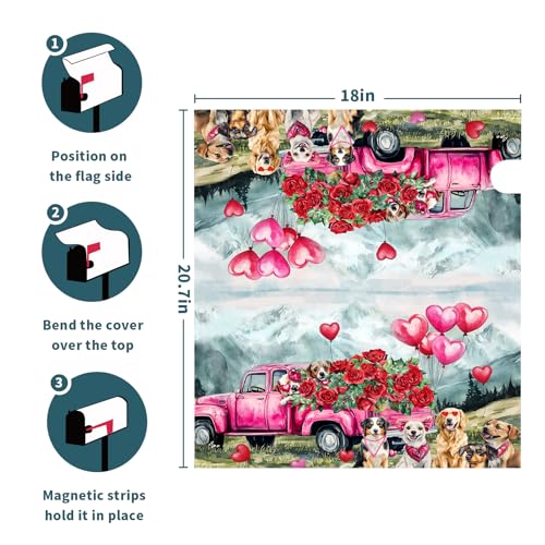 Image of Mailbox Cover Magnetic Valentine Truck Dog Flowers Mailbox Wrap Post Cover Standard Size 21x18 Inch for Garden Yard Outdoor Outside Patio Wedding Holiday Decor