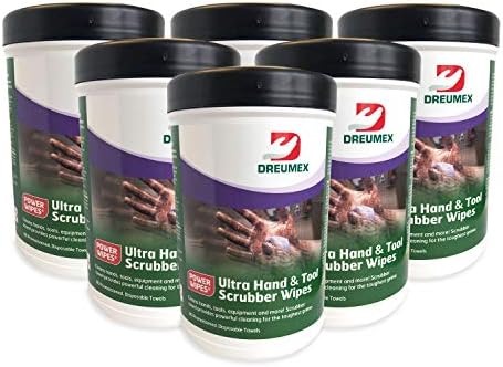 Dreumex Power Wipes, Ultra Heavy Duty Hand & Tools Cleaning Wipes, Large Multipurpose Disposable Shop Towels, 6 Pack of 90 Count Canisters, Perfect for Removing Dirt, Tar, Oil, Grease, White/green (41000905005)