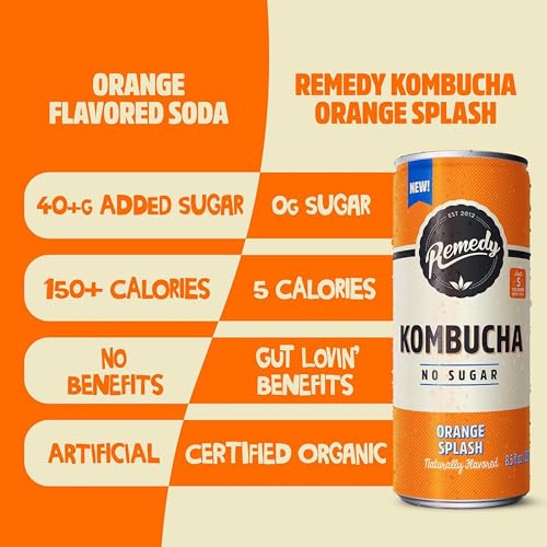 Remedy Kombucha Sugar Free Organic Drink, Low Calorie, Probiotic Like Tea for Gut Health - Orange Splash - 11.2 Fl Oz Can, 4-Pack - Thumbnail 5