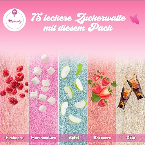 Misskandy®, Zuckerwatte Zucker (Farbstoffe ohne Azofarbstoffe) / Charge (5 * 300Gr)= 1,5kg/Erdbeere, Apfel, Marshmallow, Cola, Himbeere/zuckerwattemaschine zucker/Aromazucker + 50 Stäbchen (Free) – Bild 4