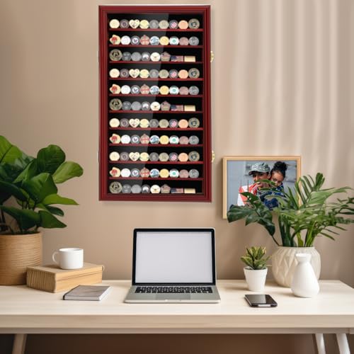 Image of Silipull Military Challenge Coin Display Case Wood Medal Wall Mount Lockable Cabinet Rack Holder Shadow Box for Casino Poker Chips Souvenirs