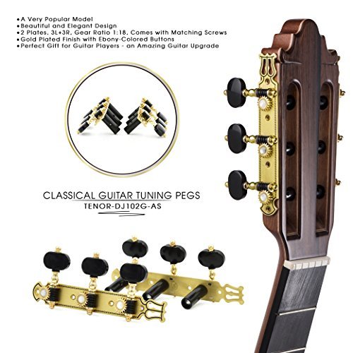 DJ102G-AS TENOR Classical Guitar Tuners Professional Tuning Key Pegs/Machine Heads for Classical or Flamenco Guitar with Gold Finish and Black Buttons. - Thumbnail 2