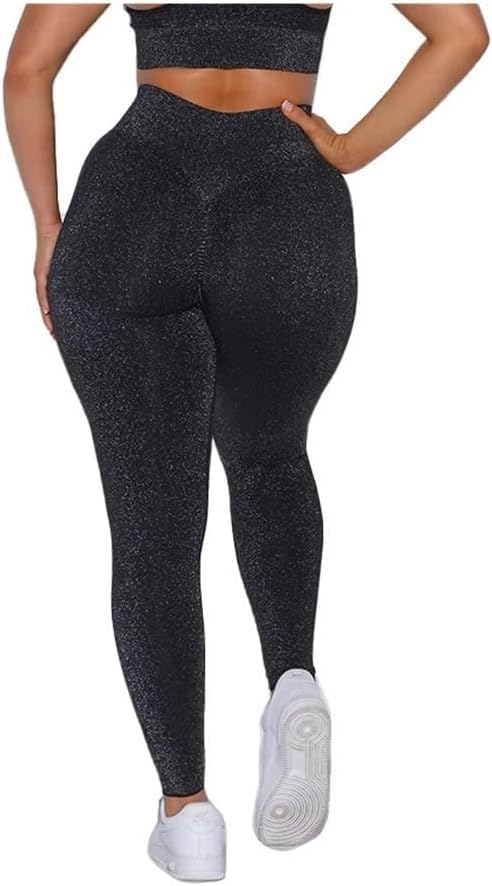 Yoga-Hosen mit hoher Taille Schimmernde Damen-Leggings im Party-Stil(Black,S)