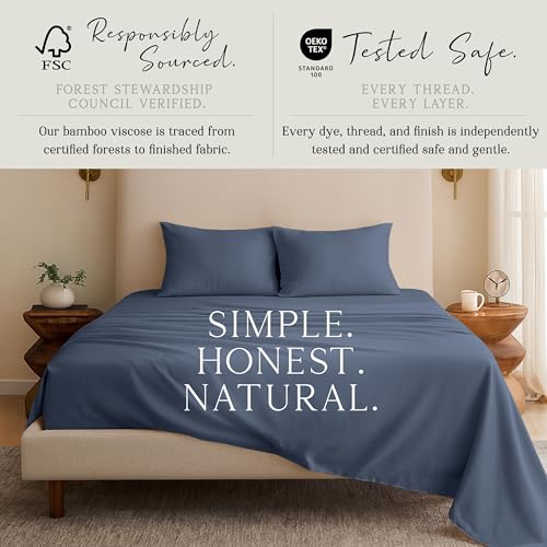 Image of KARISSA MAE 7 Piece Luxury Bamboo Viscose Split King Sheets, FSC Certified | Includes 2 Twin XL Fitted Sheets | Sleep Number & Adjustable Bed | Cooling | 18 inch Deep Pocket | 4 Pillowcases [Slate Blue]
