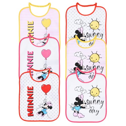 CARTOON Baberos Disney - Juego de 6 baberos de rizo con parte trasera plastificada, babero con cierre elástico, 27 x 22 cm, Minnie., 27 x 22 cm