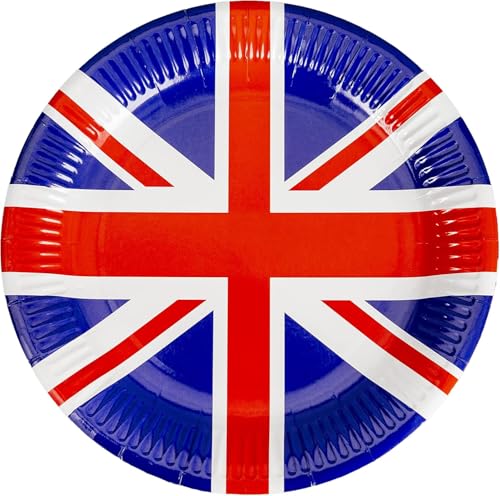 48x Union Jack Party Paper Plates UK Red White Blue Disposable Plates for Tea Party Birthday or VE Day 23cm British Tableware for Patriotic Events