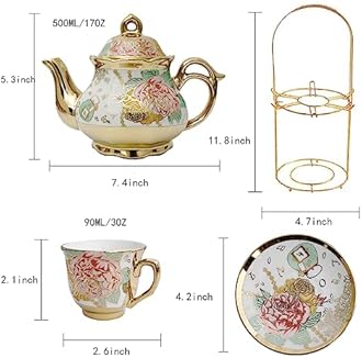 CHANJOON tea sets Gold Plated Red Rose Ceramic Tea Set, Vintage Teapot Tea Sets Beautiful Tea Set Coffee Serving 6 People (Golden, Medium)