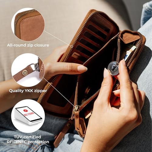 Image of BERLINER BAGS Genuine Leather Zip Wallet Women Margo, Gift Box - Brown | Soft Leather Zip Around Wallet, Fit up to Phone 6.9 inch, 12 Card Slots, 1 ID Window, 1 Coin Pocket, RFID Blocking