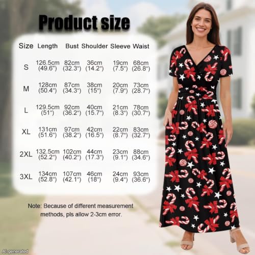 Image of Women's Fall Summer Short Sleeve Ankle Length V-Neck Party Dress with Pockets Size S-3XL