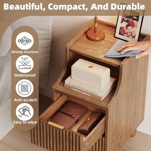 Image of Narrow Nightstand Set of 2,11.8 inch Fluted Bedside Table Set of 2, Slim Side End Table with 2 Drawers, Wooden Bedside Table, Mid Century Modern Night Stand for Bedroom Livingroom Sofa Office