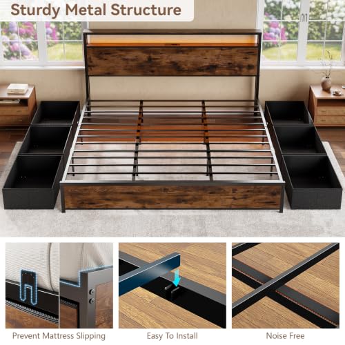 Image of Forestell King Size Bed Frame with 2-Tier Storage Headboard & 6 Drawers | Platform Bed with Heavy Duty Slat Support, Charging Station & LED, USB, Type-C & AC Ports, Noise-Free, No Box Spring, Brown