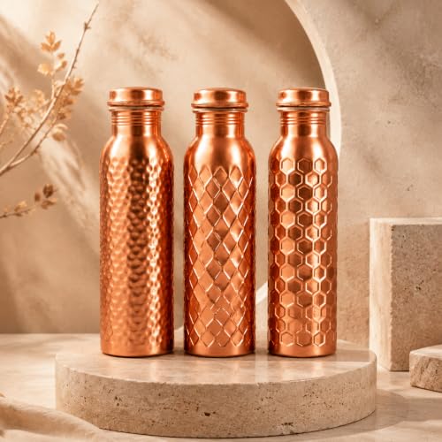 Image of Copper Water Bottle Pure, Set of 3 with Hammered, Diamond & Honeycomb | 100% Pure Copper, Hammered /Diamond /Honeycomb Textures, Copper Finish, Leak-Proof Screw-Top, Wide Mouth, Handcrafted