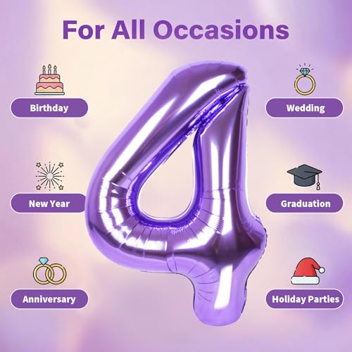 Image of Number Balloons for Birthday Decorations - 40 Inch Large Party Balloons 4, Purple Foil Number Balloons for Boys Girls, Balloons for Party Supplies
