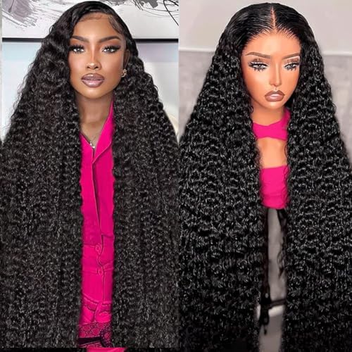 13x6 Lace Front Wigs Human Hair Deep Wave 200 Density Deep Curly Lace Frontal Wig Pre Bleached with Baby Hair Glueless HD Transparent Lace Wet and Wavy Natural Black Wig for Women