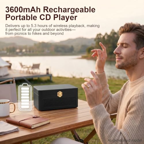 Image of Gueray CD Player Portable Bluetooth: Retro CD Players with Speakers Vintage CD-Player 3600mAh Rechargeable & Radio & Remote Control Support USB /AUX Playback Headphone Jack (Black)