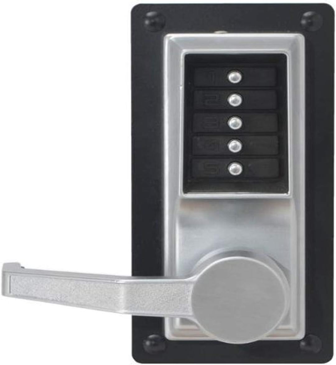 Kaba Simplex L1000 Series Metal Mechanical Pushbutton Cylindrical Lock with Lever, No Key Override, 13mm Throw Latch, Floating Face Plate, 70mm Backset, Bright Brass Finish, Right Hand