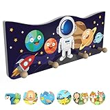 bunnyboo Kindergarderobe aus Holz mit 4 Kleiderhaken - Kindliche Designs - Wunderschöne Garderobenleiste (Astronaut)