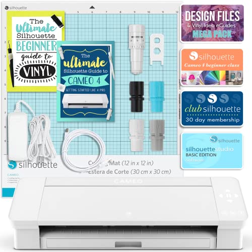 Silhouette White Cameo 4 Starter Bundle With 26 Oracal Vinyl Sheets, Transfer Paper, Class, Guides And 24 Sketch Pens #TOP2