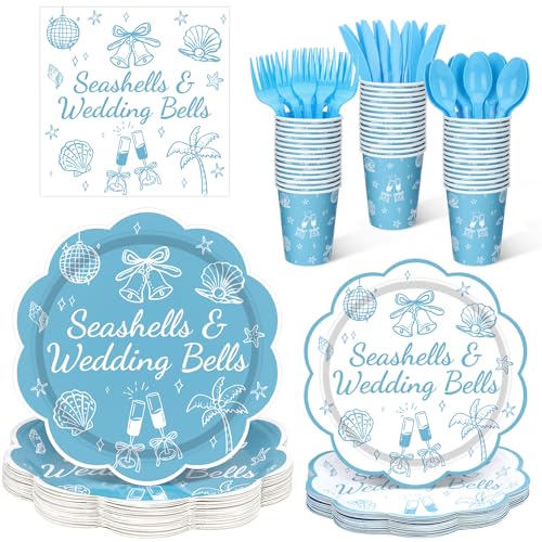 Zubebe 175 Pcs Seashells & Wedding Bells Bachelorette Party Supplies Disposable Tableware Set Serves 25 Last Toast on the Coast Themed Plates Cups Napkins for Bridal Shower and Last Trail Bachelorette