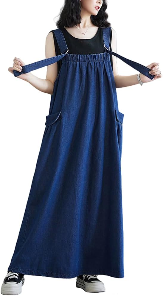 Boho Denim Overall Dress for Women Jean Overalls Skirt Jumper Pinafore Dresses Wide Hem Adjustable Straps Oversized