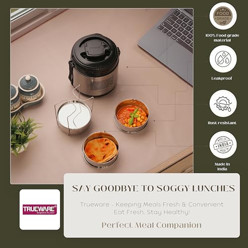 Image of Trueware Legend 3 Stainless Steel PU Insulated Hot Lunch Box with 3 Stainless Steel 300 ml Each, Hot and Fresh, Office Lunch Box