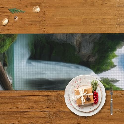 Chemin de table en lin lavable 35x152 cm motif cascade durable
