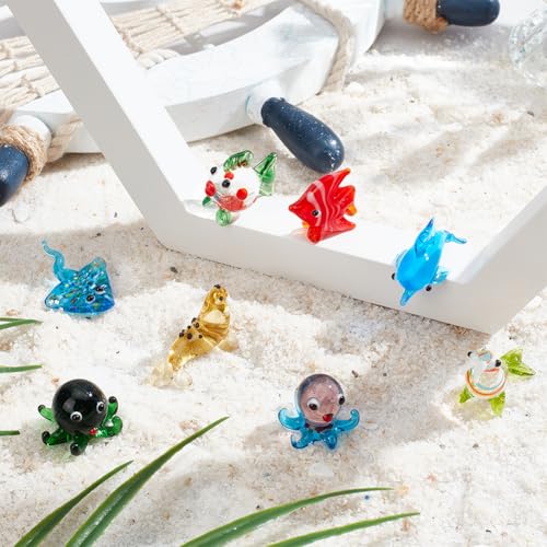 Image of NBEADS 8 Pcs Sea Life Glass Figurines, Mini Marine Figurines Glass Miniature Manta Ray /Butterflyfish /Walrus /Dolphin /Octopus /Fish Handmade Colorful Lampwork Animal Figure for Fish Tank Decor Ornaments