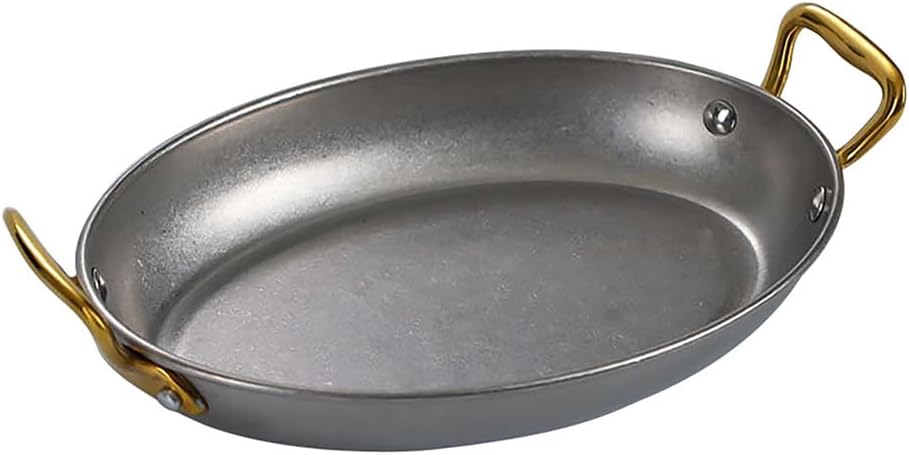 Oval Spanish Paella Pan, Non-Stick Dinner Server Pan Seafood Paella Pan Cookware Stainless Steel Seafood Paella Pan Cookware for Home Restaurant or Camping,Silver,8.7inch
