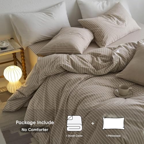 Image of MooMee Striped Duvet Cover Set 100% Washed Cotton Linen Like Twin | Relaxed Linen-like Texture. Soft, Breathable & Long-lasting Comfort. Lightweight. Hidden Zipper with 8 Interior Corner Ties
