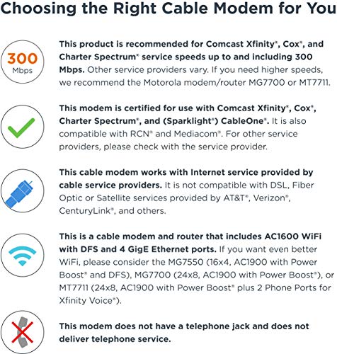 MOTOROLA MG7540 16x4 Cable Modem Plus AC1600 Dual Band Wi-Fi Gigabit Router with DFS, 686 Mbps Maximum DOCSIS 3.0… - Image 3
