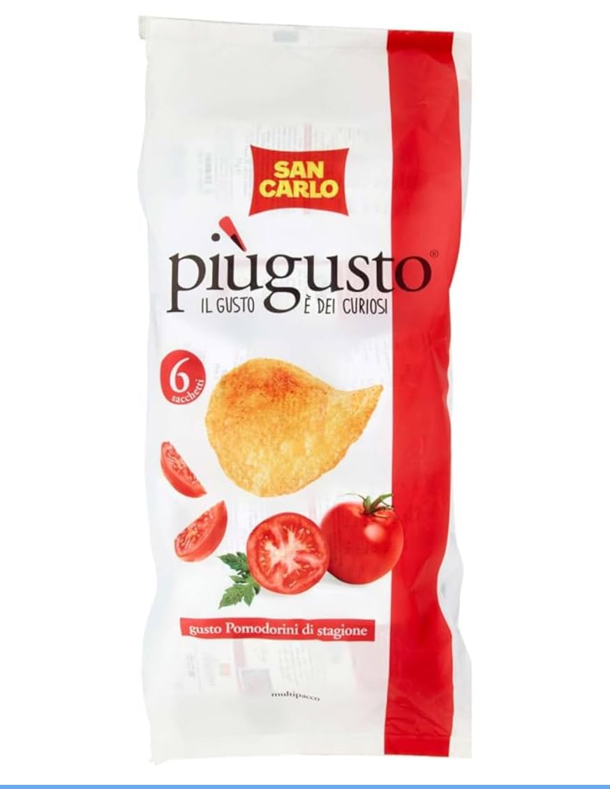 12 x 6 MULTIPACK monoporzioni San Carlo Più Gusto Patatine al Gusto Pomodorini di Stagione, 72 monoporzioni da 25g, 1800g totali