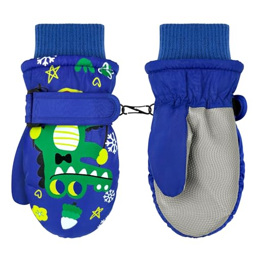 LeapBeast Kinder Skihandschuhe, 3-5 Jahre Kinderhandschuhe Wasserdicht, Winddicht Fäustlinge TPU Palme Kinderhandschuhe, Kinder Winterhandschuhe für Jungen und Mädchen (Blau - Krokodil)