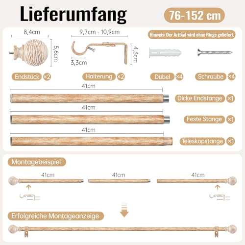 Tringle à rideau extensible 76-152 cm marron Ø 25 mm pour fixation mur ou plafond - 7