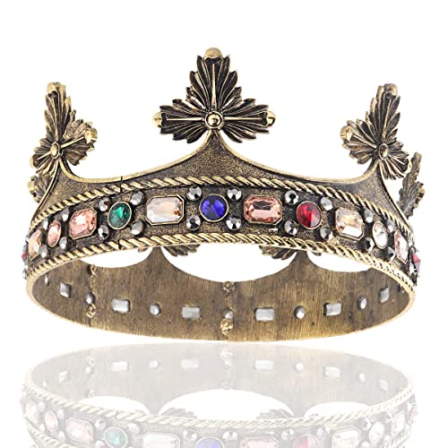 LEEMASING Corona de rey para hombre, estilo barroco, gran corona de cristal con perlas, príncipe real, adorno para el cabello de mujer, para cumpleaños, fiesta, disfraz de Halloween (Oro oscuro con