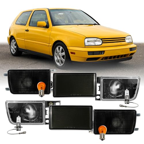 USR 93-99 HELLA Style Front PROJECTOR GLASS Lens Fog Light/Turn Signal/Reflector Lamps 6pc (Left + Right) - Compatible with 1993-1999 Volkswagen Golf GTi VW Jetta Mk.3 Mk 3 (SMOKE/BLACK w/BULBS)