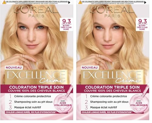 L’ORÉAL PARIS - Coloration Cheveux Permanente Triple Soin - Couvre 100% des Cheveux Blancs - Excellence Crème - Nuance : Blond Très Clair Doré (9.3) (Lot de 2)