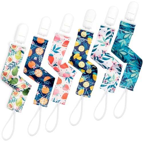 Image of BUNNYBEE Neutral Pacifier Clip Set, 6 Pack Pacifier Holder Clip, Lemon Orange Avocado Fruit, Stylish and Practical Baby Binky Teethers, Baby Shower (Citrus Crush)