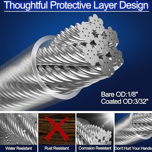 phepetroll 1/8\" Wire Rope Kit 236FT Stainless Steel Aircraft Cable with M5 Turnbuckles, 7x7 Strand Core Vinyl Coated Guy Wire Tensioner Kit for Garden String Light, Pictuer, Clothes, Curtain Hanging