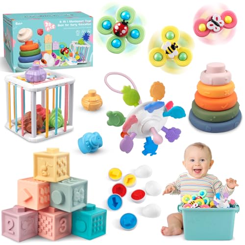 Image of Plunack 6 in 1 Montessori Baby Toy for Toddlers, Infant Teething Babies Stacking Blocks Rings Pull String Toy Suction Cup Spinner Toy Matching Eggs Shape Sorter Sensory Bin