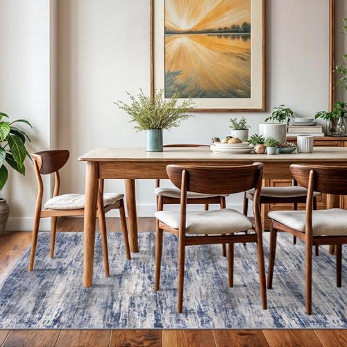 KOZYFLY Washable Area Rug 5x7 Modern Ombre Living Room Thin Area Rug Non-Slip Soft Striped Rug for Bedroom, Print Distressed Grey-Blue Abstract Carpet for Laundry Kid Room