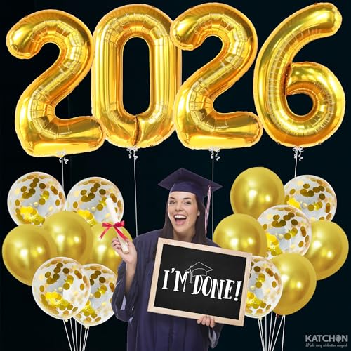 Image of KatchOn, Gold 2026 Graduation Balloons Set - Pack of 18 | Gold Graduation Decorations 2026 | 2026 Grad Balloons for Class Of 2026 Decorations, Grad Party Decorations, 2026 Balloons