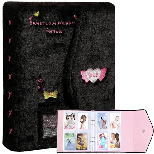 SZHTSWU A5 Binder Kpop Plush Photocard Album with 20 Pcs Inner 3 Inch Photo Album Sleeves in Loose Leaf Refillable 6 Rings Binder Cover Photocard Holder Book for Picture Cards Storage (Black)