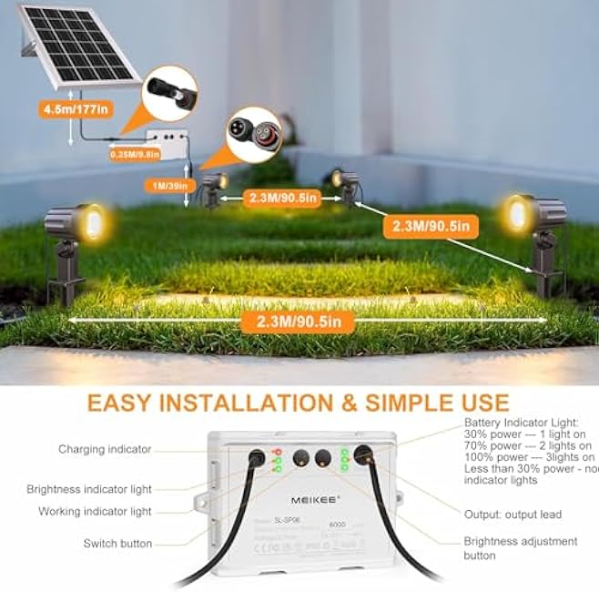 MEIKEE 6 in 1 Solar Spotlights Outdoor, 6W/6V Solar Powered Landscape Lights IP66 Waterproof Auto On/Off Landscape Spotlights with 3 Colors 56ft Cord for Garden Path Yard Patio Light
