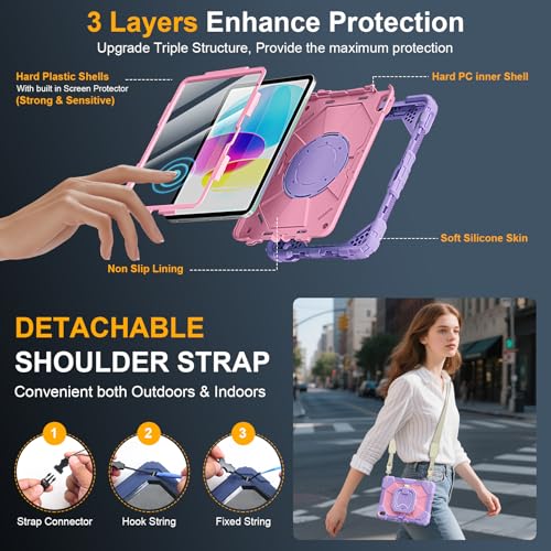 Image of Case for iPad (A16) 11th /10th Generation 11 /10.9 Inch 2025 /2022, Ubearkk for iPad a16 case with Screen Protector, 360 Degree Rotating Stand Shoulder Strap Pencil Holder, Purple Pink