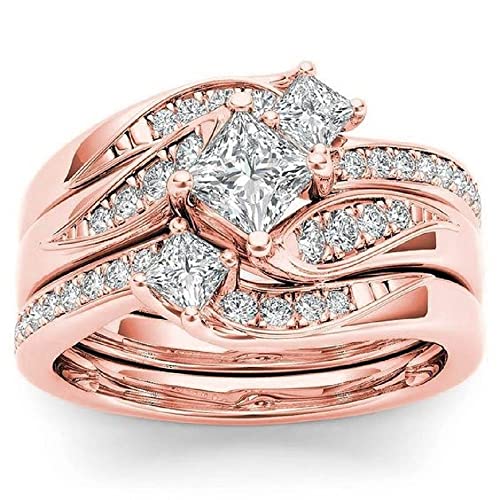 Anniversary Promise Wedding Band Women's Two Tone Rings Rose Gold Three Stone Round Cut Engagement Ring Sterling Silver Halo Bridal Ring Set (8, silver)3